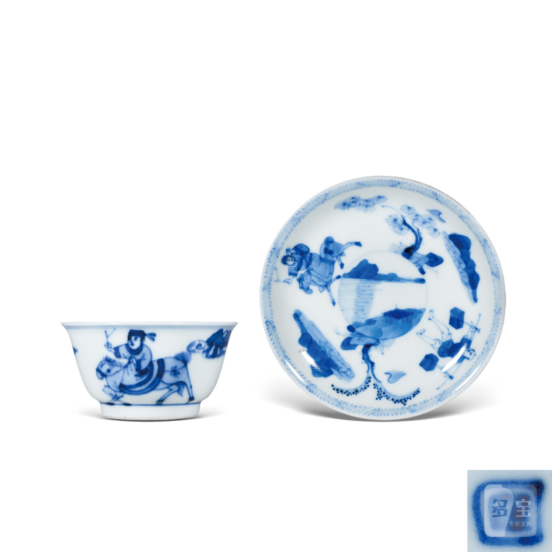 清康熙青花货郎图杯碟一套 - 图1